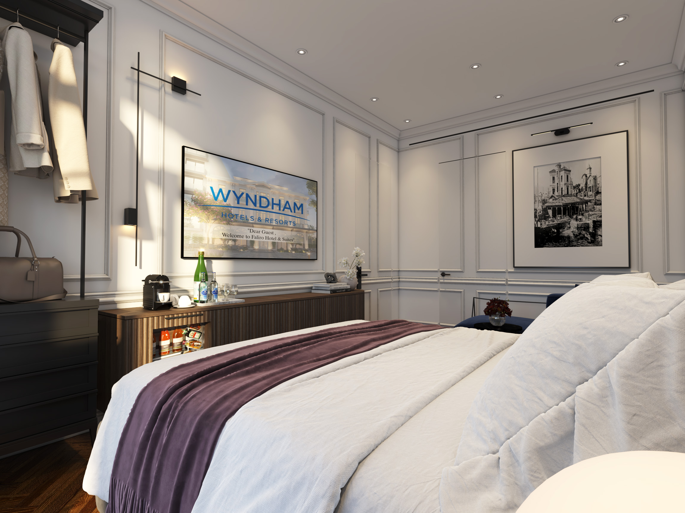Luxury hotel room interior with Wyndham amenities and elegant decor
