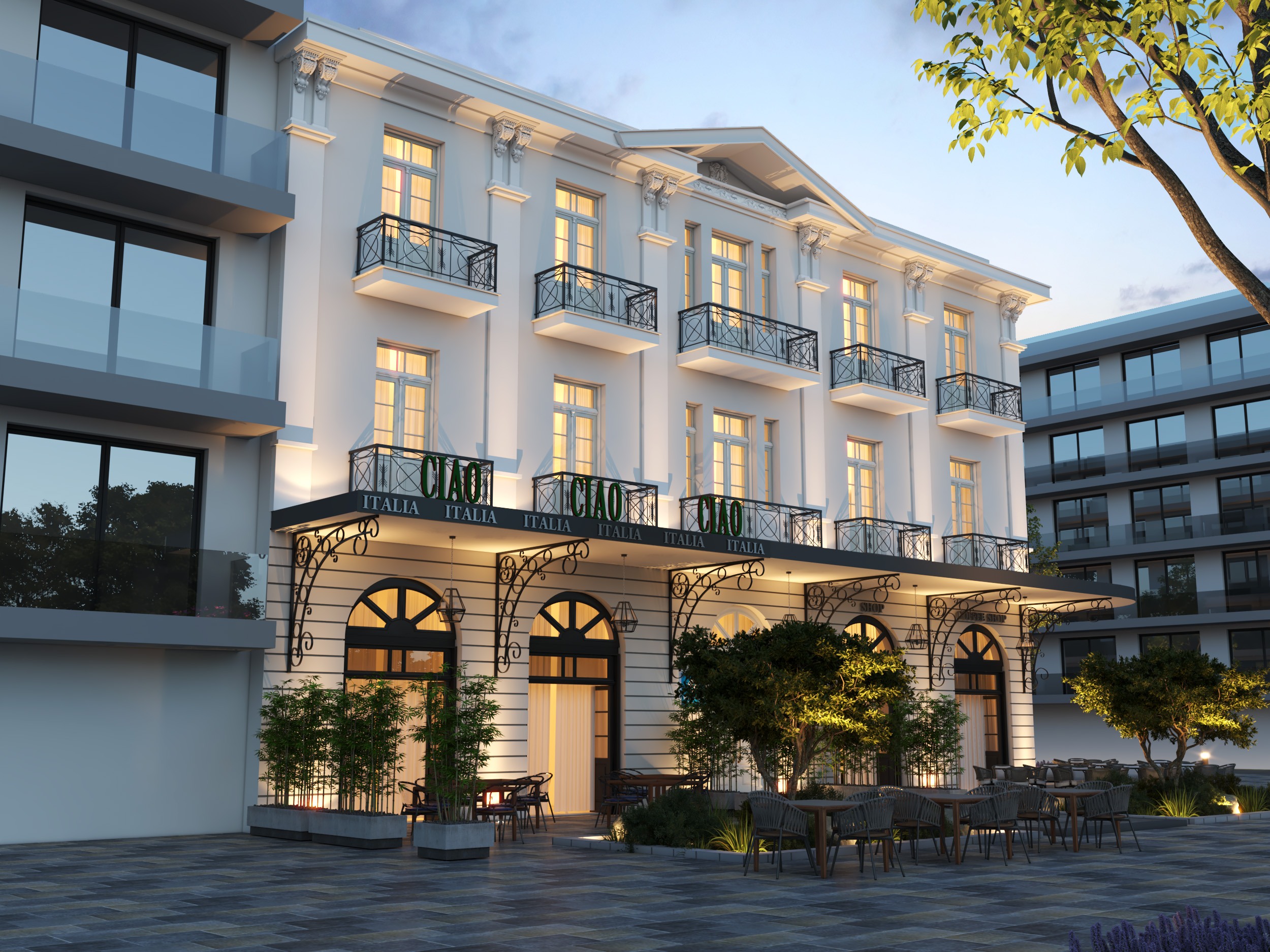 SOKIO·FLISVOS Hotel evening view with outdoor seating