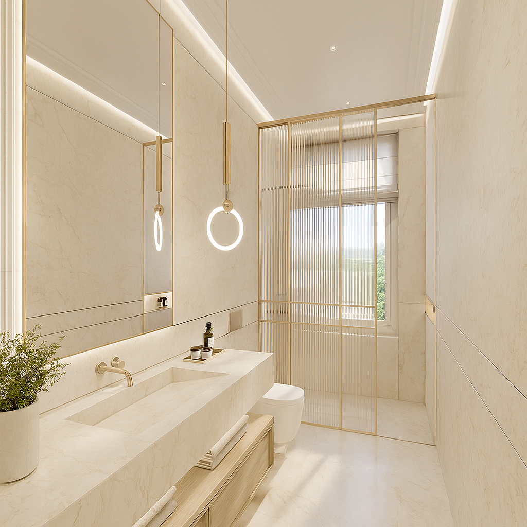 Luxury bathroom with gold fixtures and marble surfaces