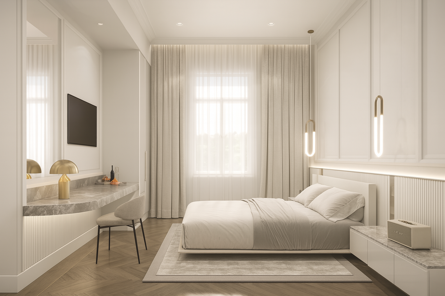 Elegant hotel suite bedroom with contemporary design