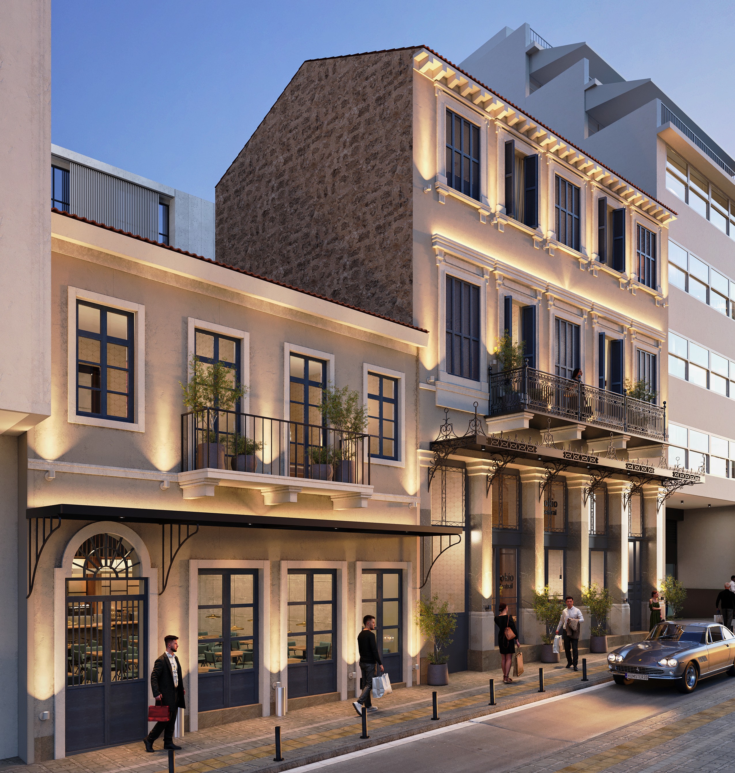 SOKIO·CENTRAL Hotel evening view with neoclassical architecture